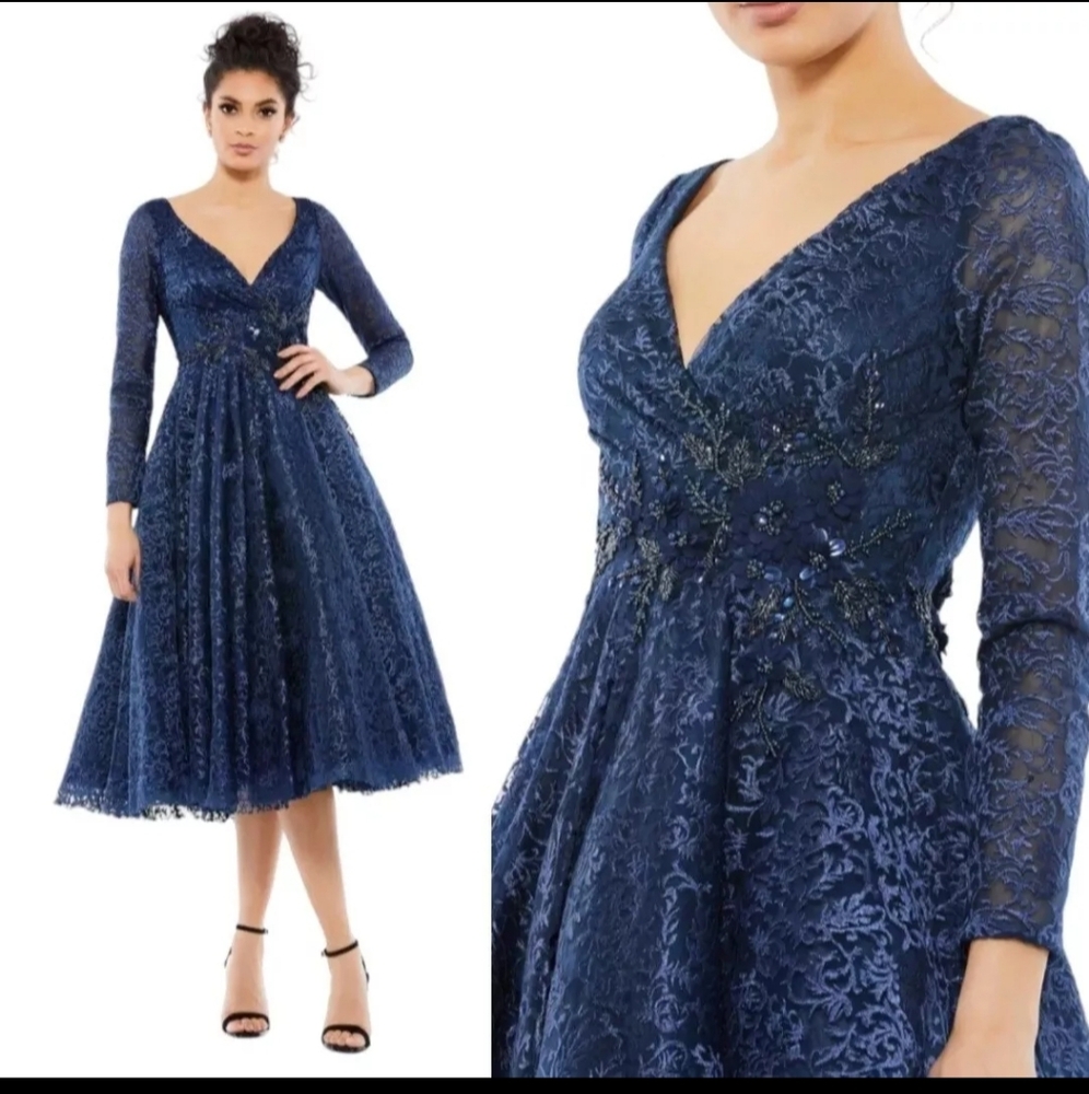 Mac Duggal Size 14 Midnight Navy Lacy Tea Length Midi Aline 11218 $698 Dress